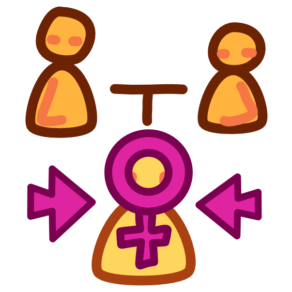 Two yellow figures sit next to each other with a Capital T shape connecting them and pointing down at a third yellow  figure. This third figure has pink arrows pointing at it from either side and its head is the Venus symbol.